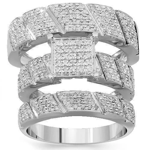 10K White Solid Gold Diamond Wedding Band Set 0.86 Ctw