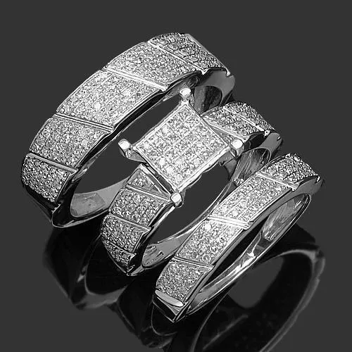 10K White Solid Gold Diamond Wedding Band Set 0.86 Ctw