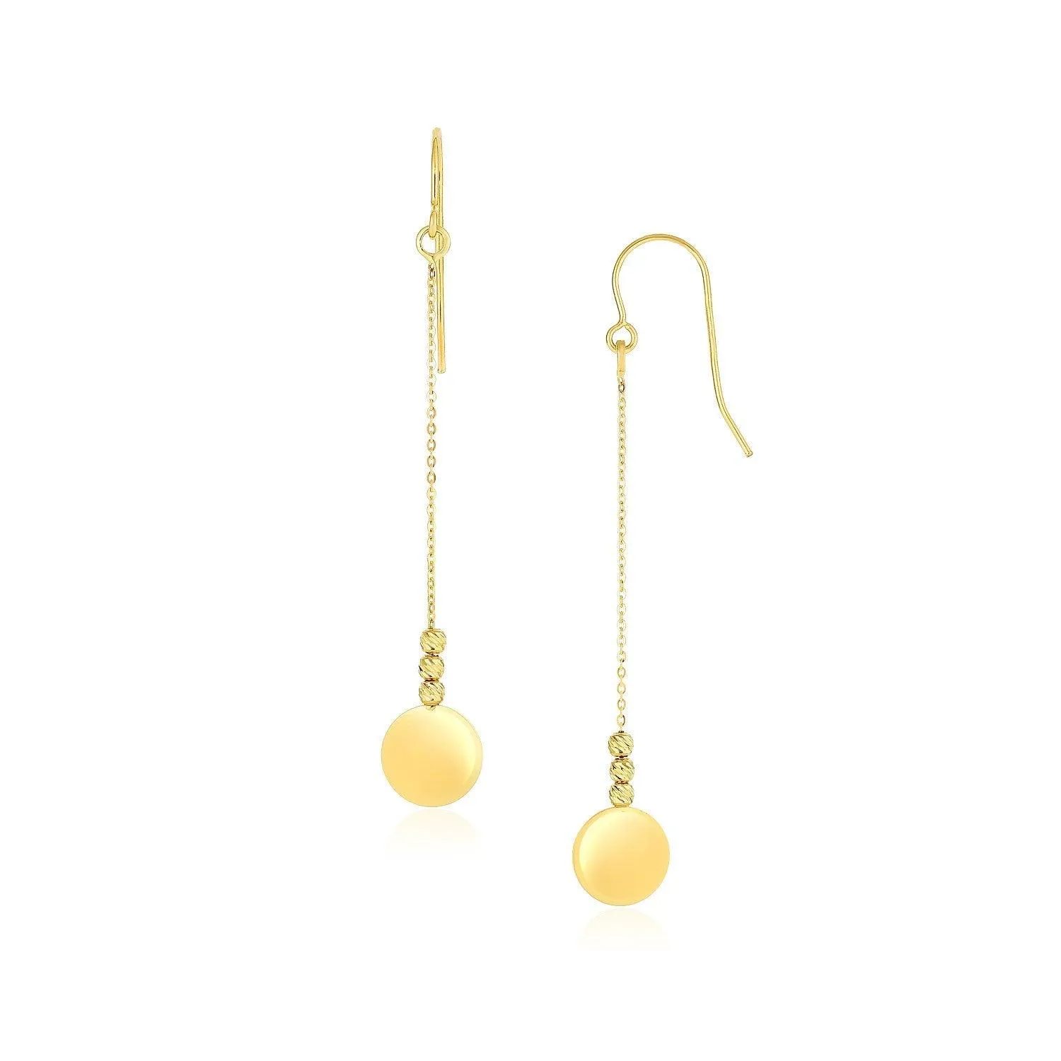 10k Yellow Gold Bead and Shiny Disc Drop Earrings