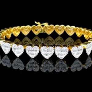 10K Yellow Gold Diamond Heart Bracelet (3.57ct, 7-inch)