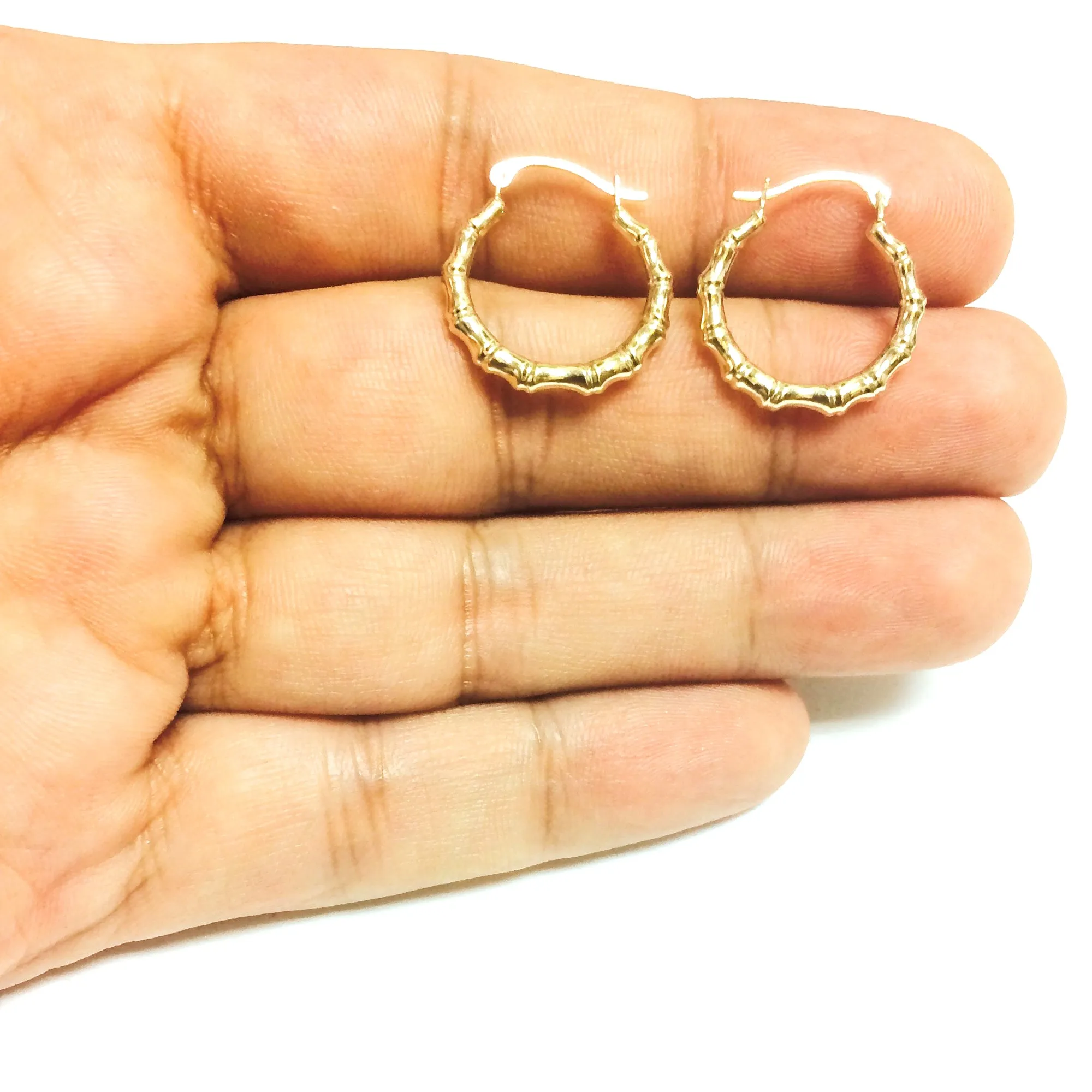 10k Yellow Gold Shiny Bamboo Round Hoop Earrings, Diameter 18mm