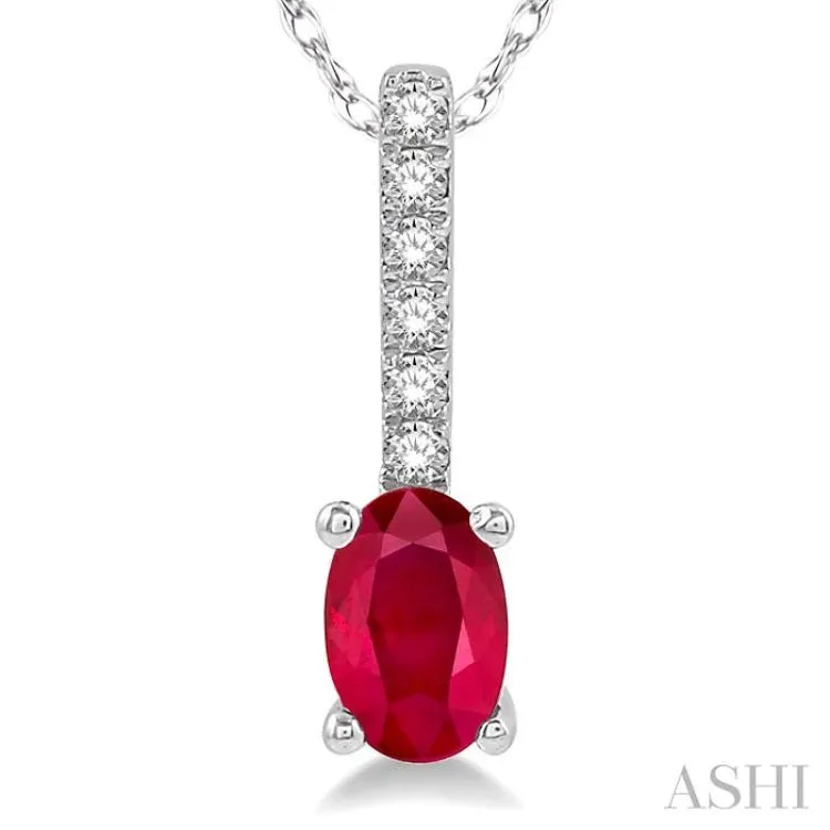 1/20 Ctw Round Cut Diamond and Oval Cut 6x4mm Ruby Precious Pendant in 10K White Gold with chain