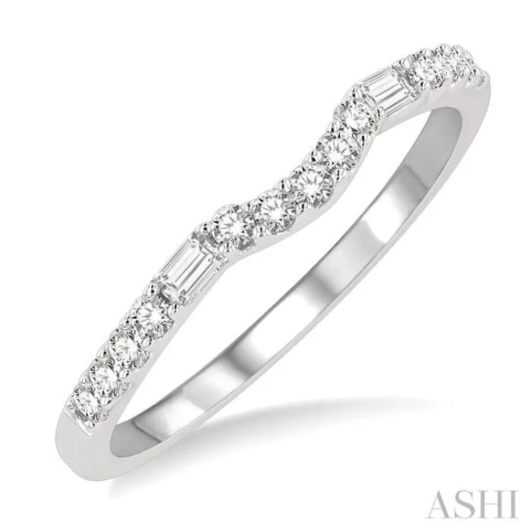 1/4 ctw Curved Center Baguette and Round Cut Diamond Wedding Band in 14K White Gold