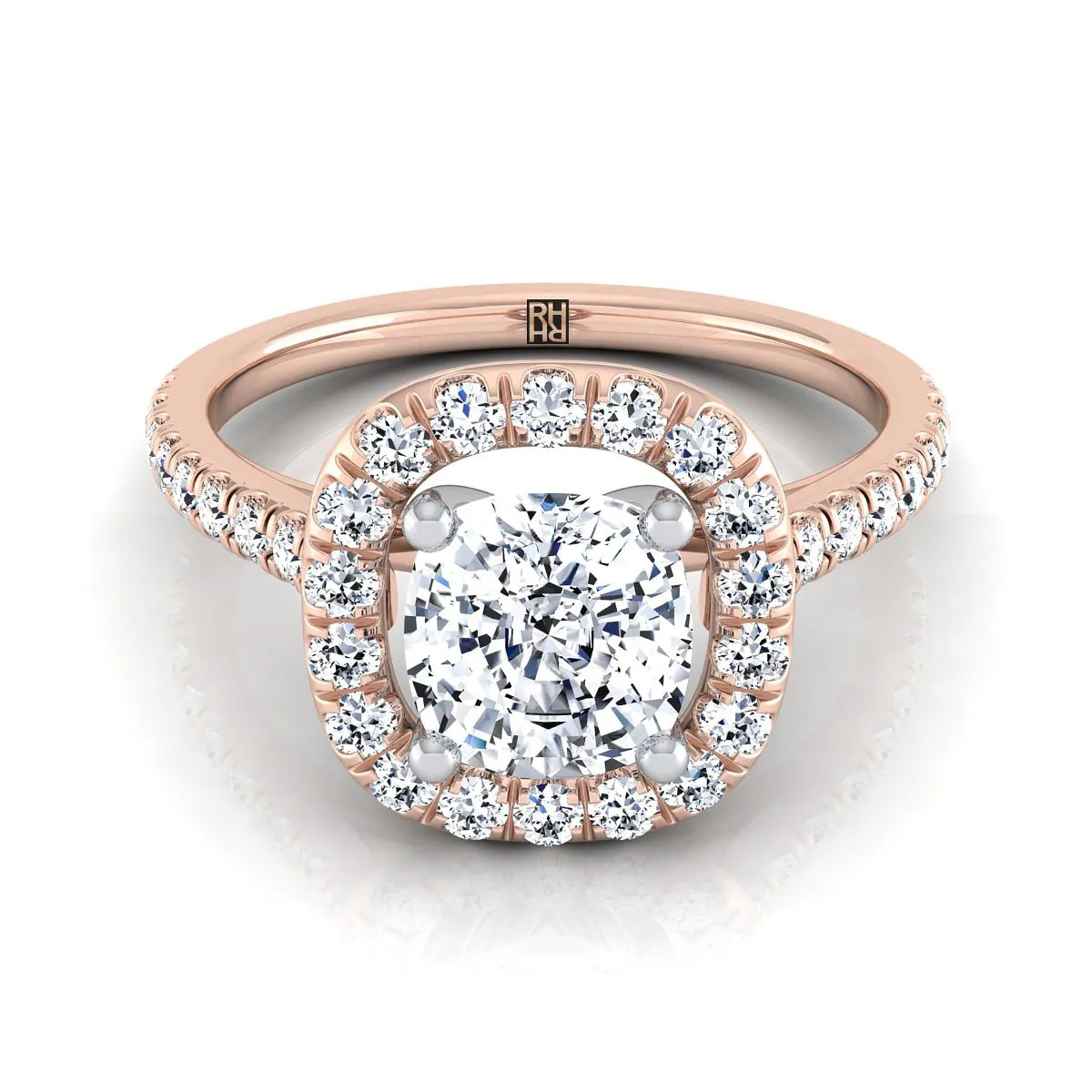 14K Rose Gold Cushion Diamond Simple French Pave Halo Engagement Ring -1/2ctw