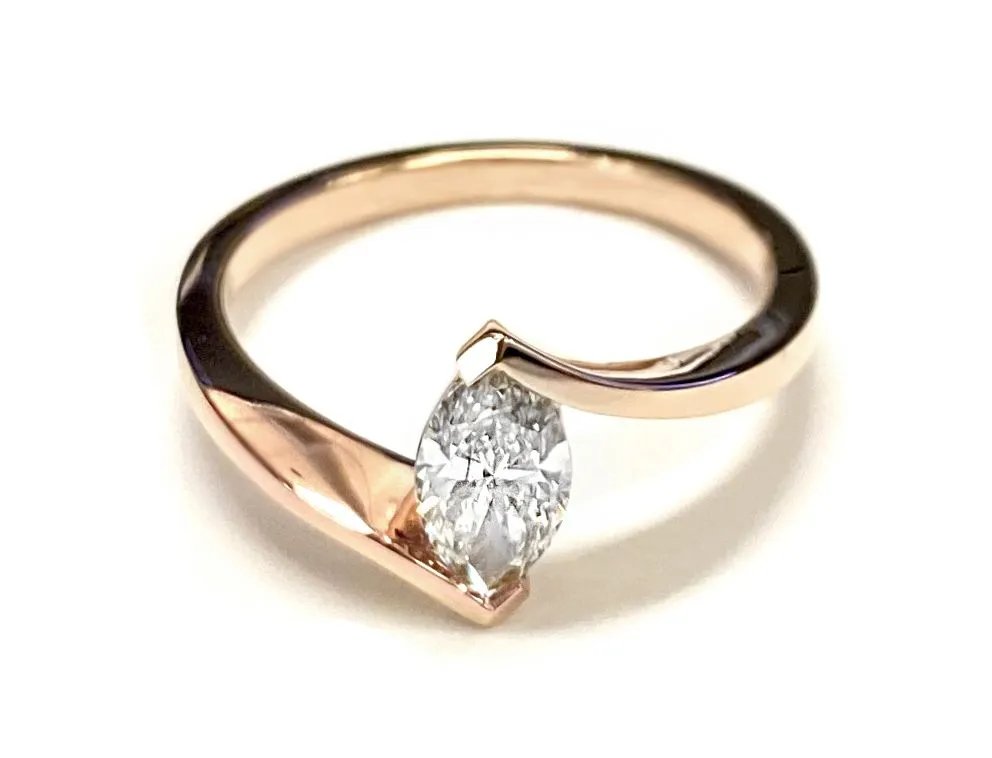 14K Rose Gold Marquise   Half Bezel Twist Tension Set Solitaire Engagement Ring