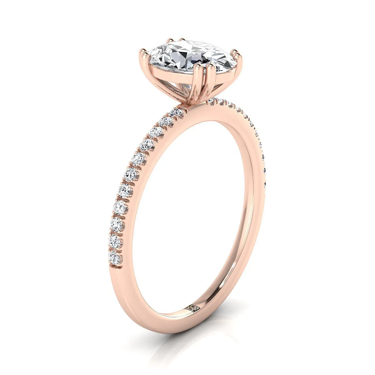 14K Rose Gold Oval Diamond Simple French Pave Double Claw Prong Engagement Ring -1/6ctw