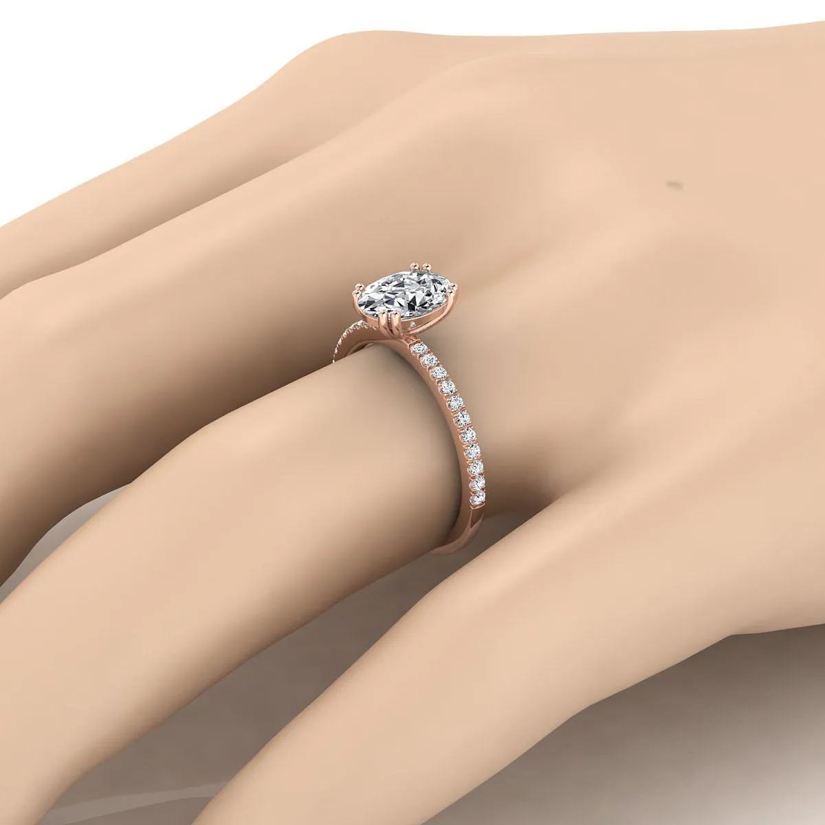 14K Rose Gold Oval Diamond Simple French Pave Double Claw Prong Engagement Ring -1/6ctw