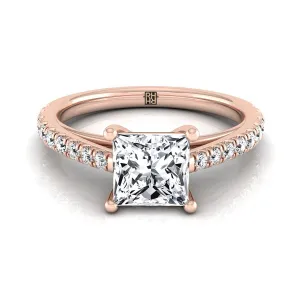 14K Rose Gold Princess Cut Diamond French Pave Cathedral Style Solitaire Engagement Ring -1/4ctw