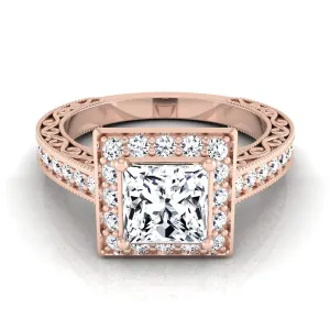 14K Rose Gold Princess Cut Hand-Engraved Delicate Diamond Milgrain Engagement Ring -1/2ctw