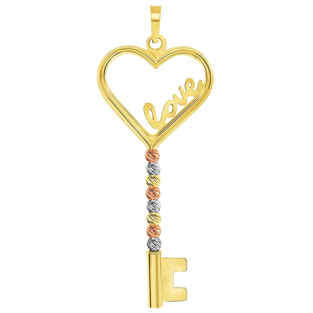 14k Tri-Color Gold Love Written Open Heart Beaded Key Pendant Necklace