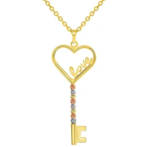 14k Tri-Color Gold Love Written Open Heart Beaded Key Pendant Necklace