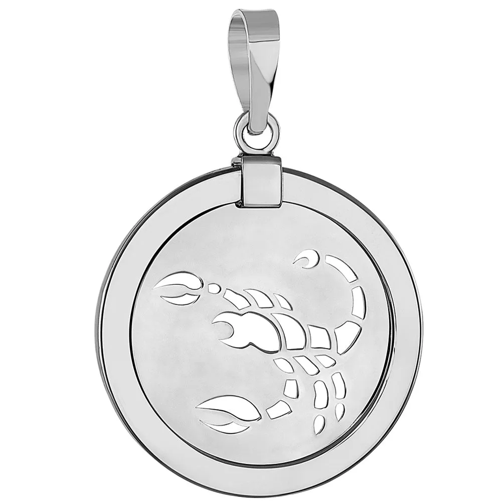 14k White Gold Round Scorpion Scorpio Zodiac Sign Medallion Pendant (Reversible)