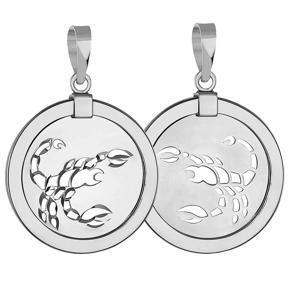 14k White Gold Round Scorpion Scorpio Zodiac Sign Medallion Pendant (Reversible)