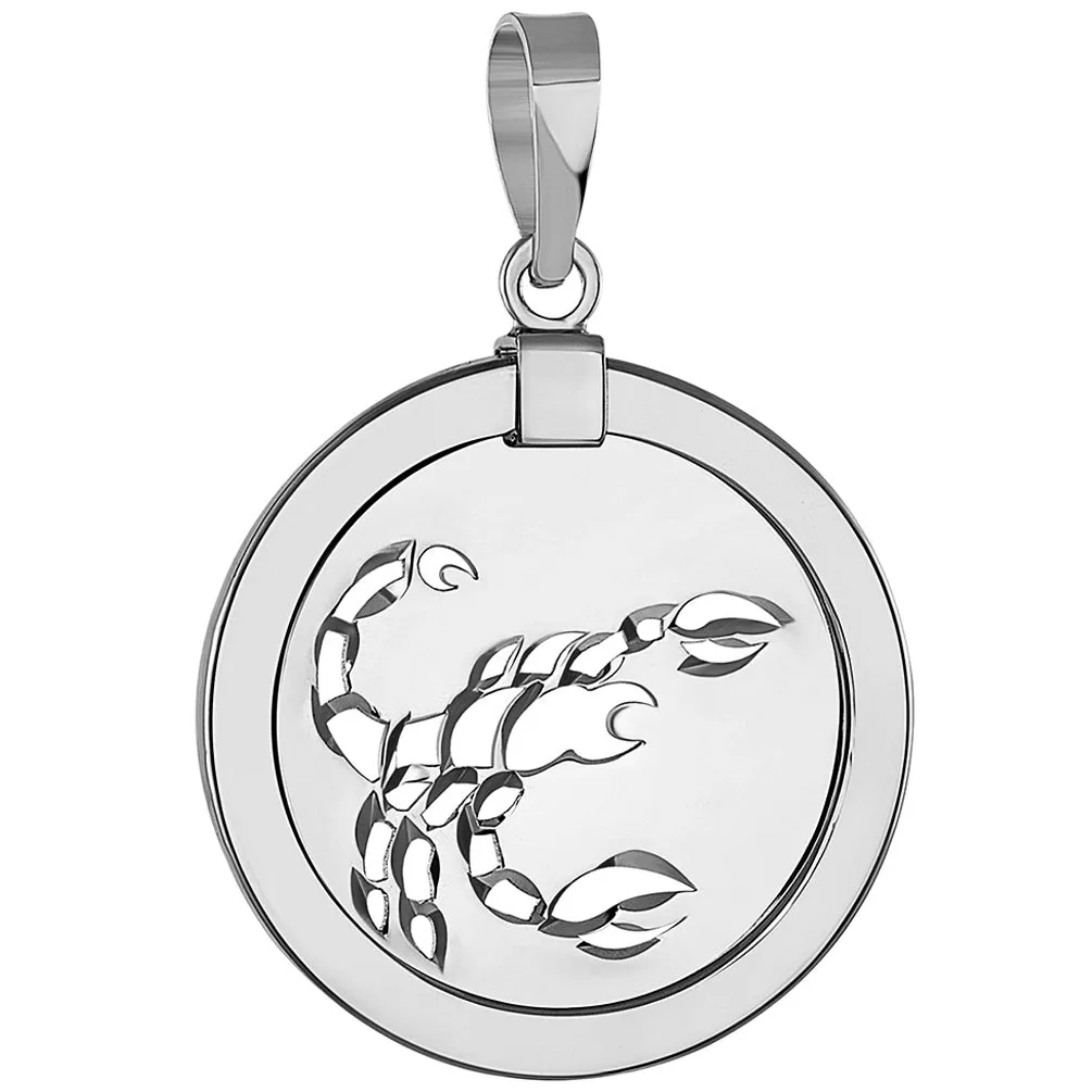 14k White Gold Round Scorpion Scorpio Zodiac Sign Medallion Pendant (Reversible)