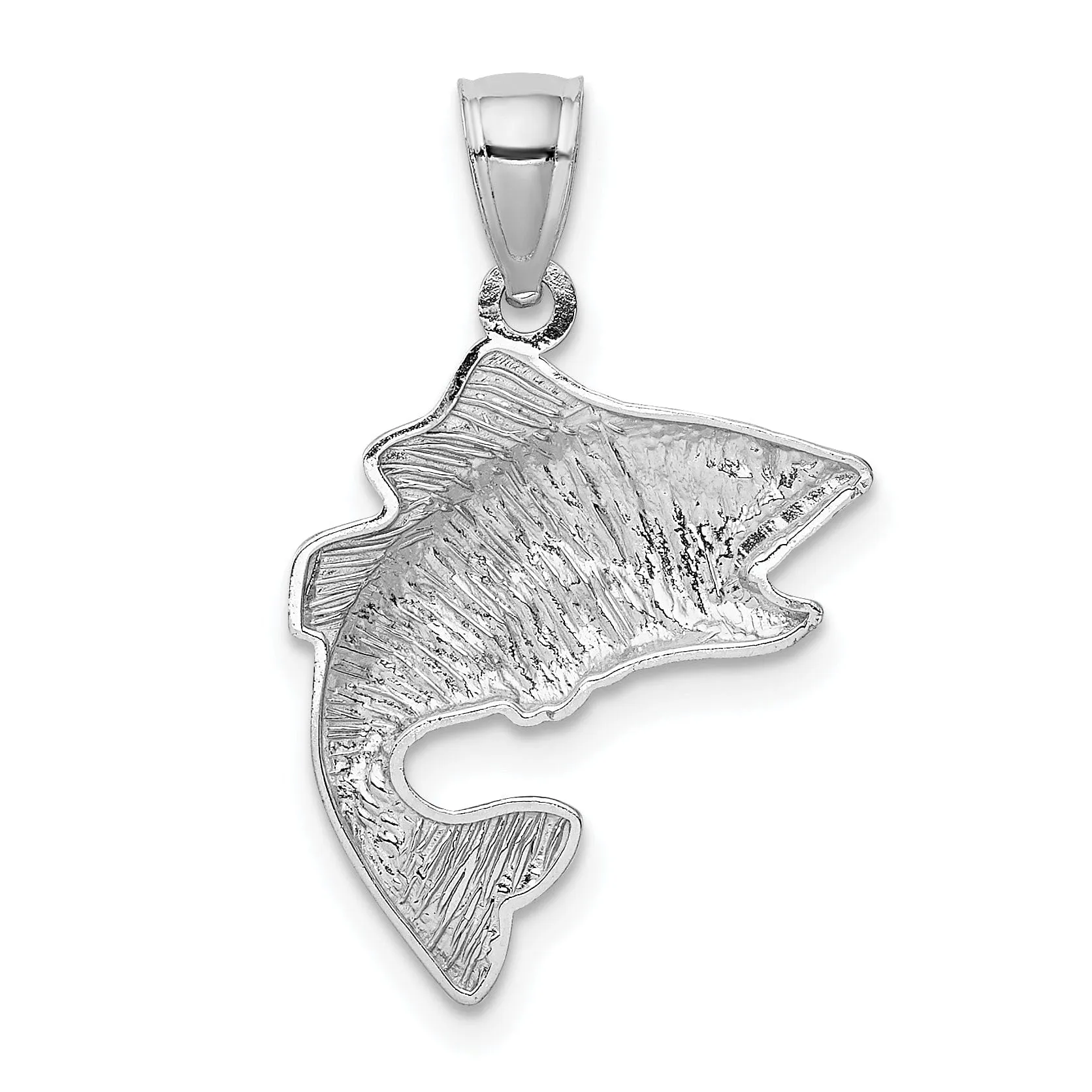 14k White Gold Solid Textured Polished Finish Open Mouthed Bass Fish Charm Pendant