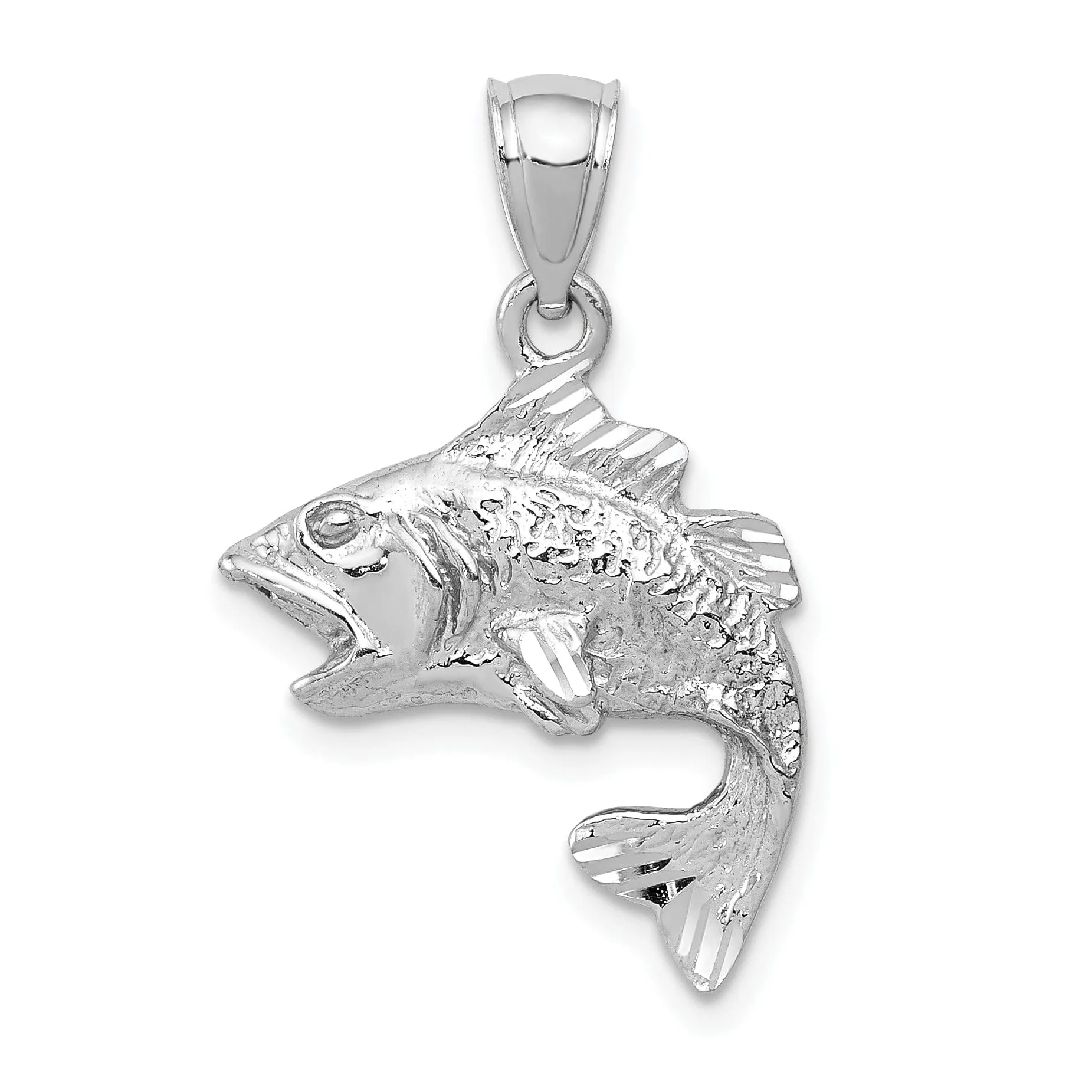 14k White Gold Solid Textured Polished Finish Open Mouthed Bass Fish Charm Pendant