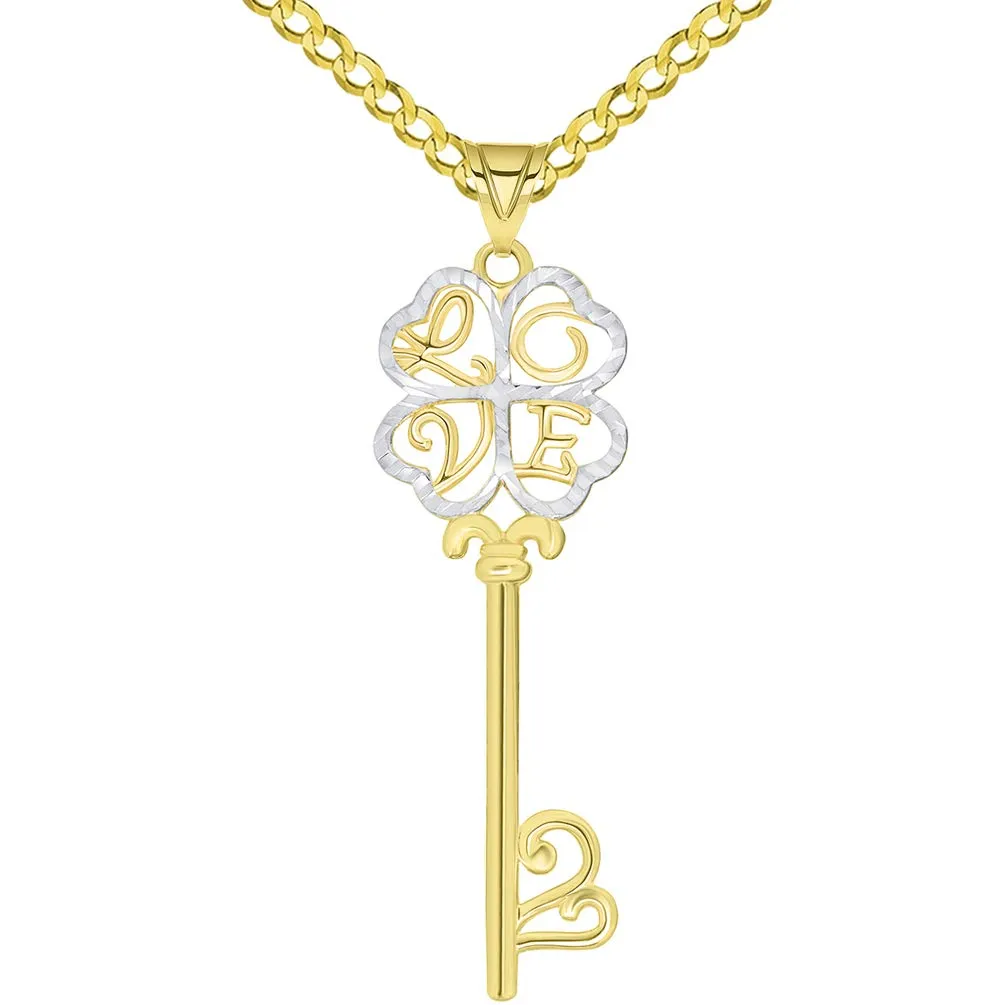 14k Yellow Gold Celtic Two Tone Four Leaf Clover Love Key Pendant Necklace Available with Rolo, Curb, or Figaro Chain