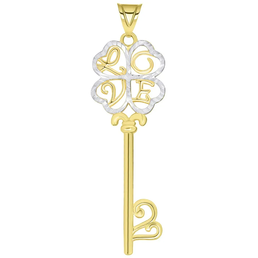 14k Yellow Gold Celtic Two Tone Four Leaf Clover Love Key Pendant Necklace Available with Rolo, Curb, or Figaro Chain