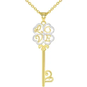 14k Yellow Gold Celtic Two Tone Four Leaf Clover Love Key Pendant Necklace Available with Rolo, Curb, or Figaro Chain