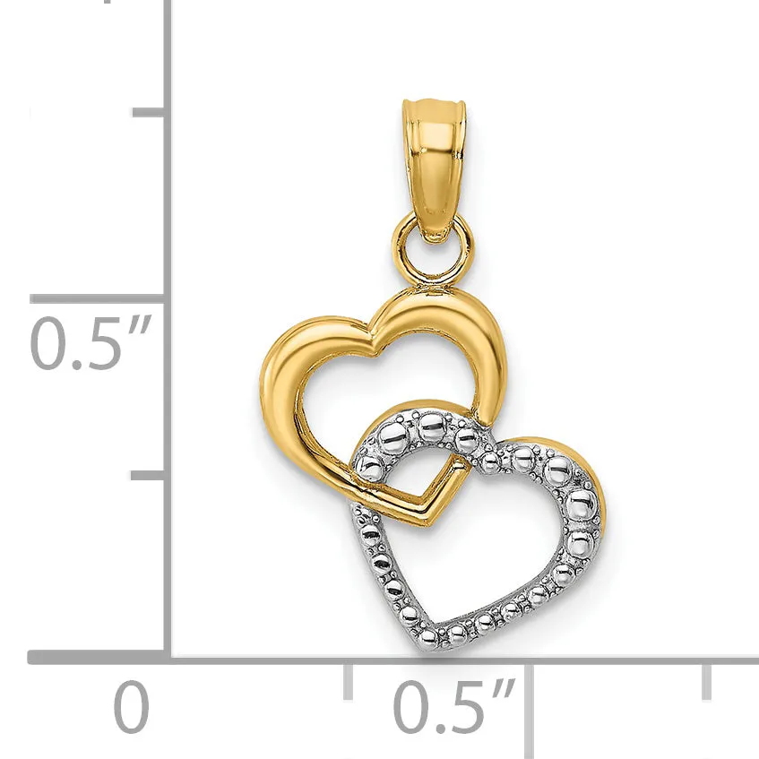 14k Yellow Gold Rhodium Polished Textured Intertwined Hearts Pendant