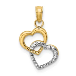 14k Yellow Gold Rhodium Polished Textured Intertwined Hearts Pendant