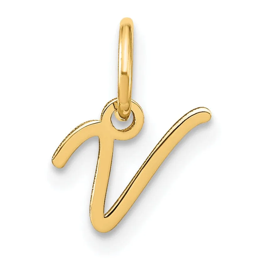 14K Yellow Gold Small Size Upper Case Script Letter V Initial Pendant