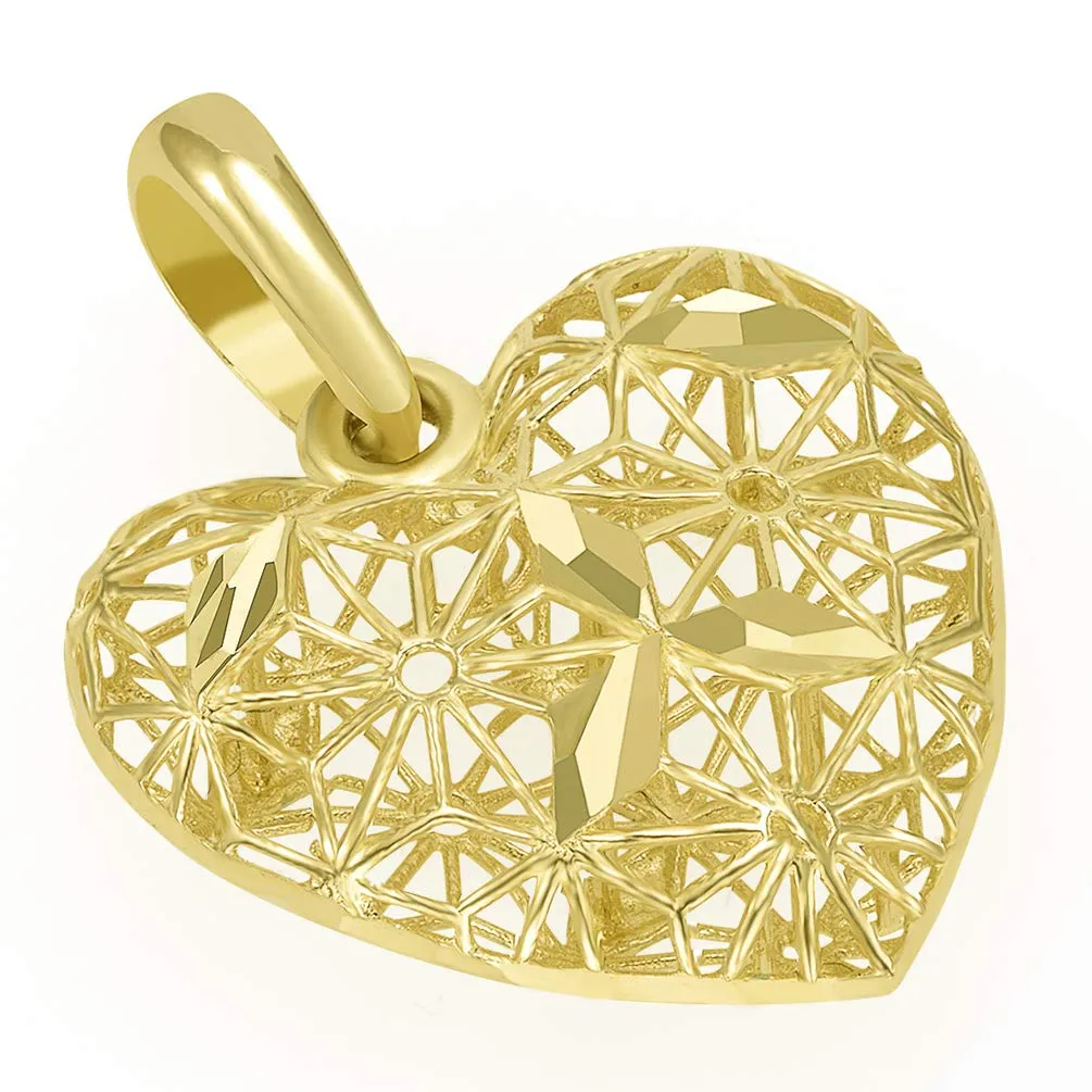 14K Yellow Gold Textured 3D Heart Charm Pendant with Filigree