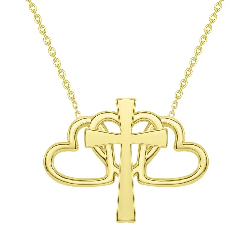 14k Yellow Gold Triple Heart Religious Cross Necklace with Lobster Claw Clasp (16" to 18" Adjustable Chain)