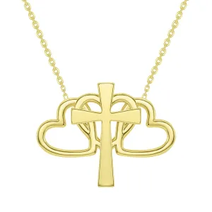 14k Yellow Gold Triple Heart Religious Cross Necklace with Lobster Claw Clasp (16" to 18" Adjustable Chain)