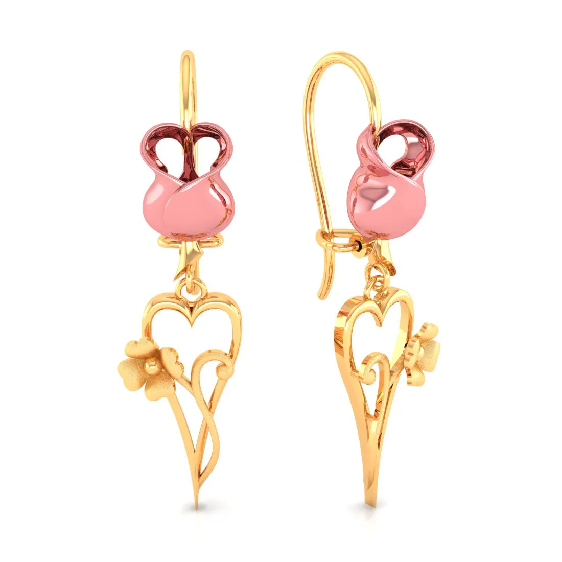 14k Yellow With Long Heart And Flower Gold Earrings