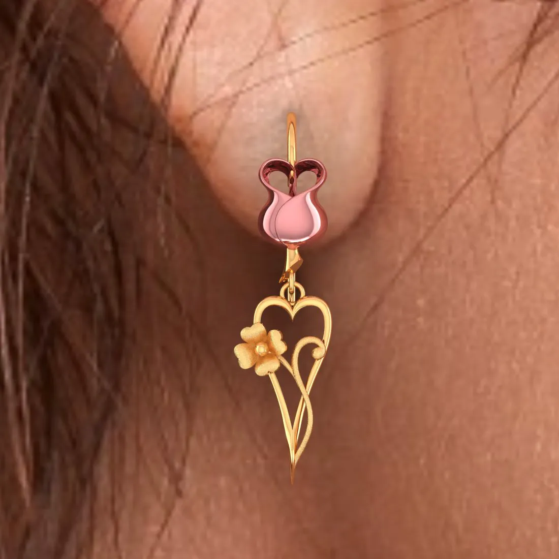 14k Yellow With Long Heart And Flower Gold Earrings