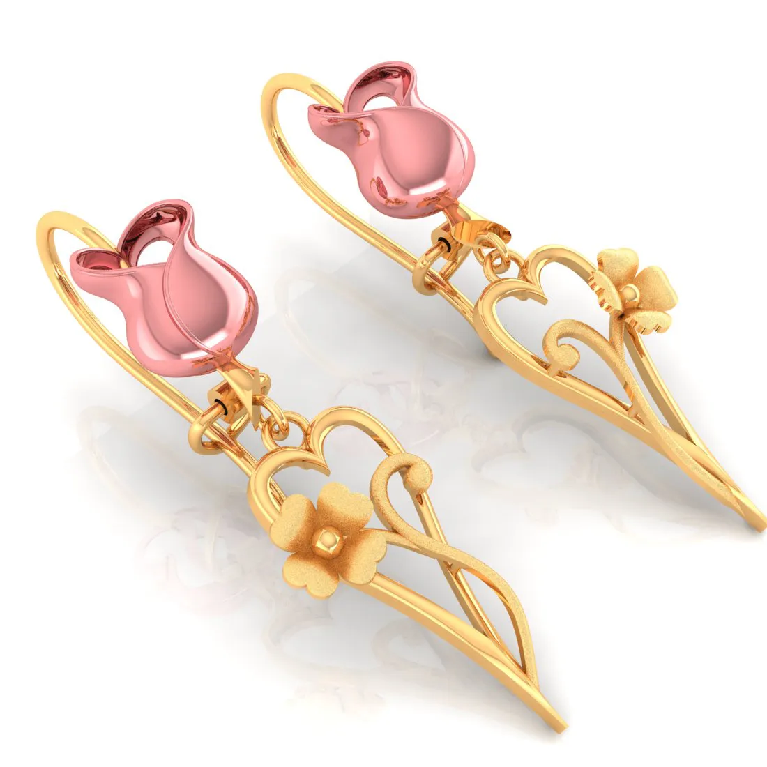 14k Yellow With Long Heart And Flower Gold Earrings