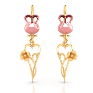 14k Yellow With Long Heart And Flower Gold Earrings