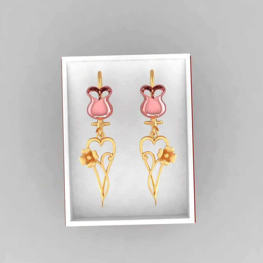 14k Yellow With Long Heart And Flower Gold Earrings