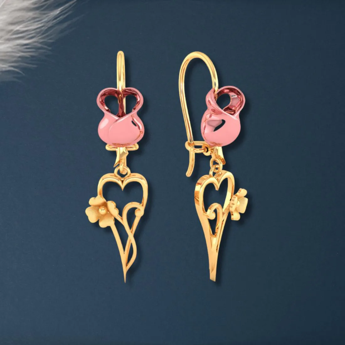 14k Yellow With Long Heart And Flower Gold Earrings