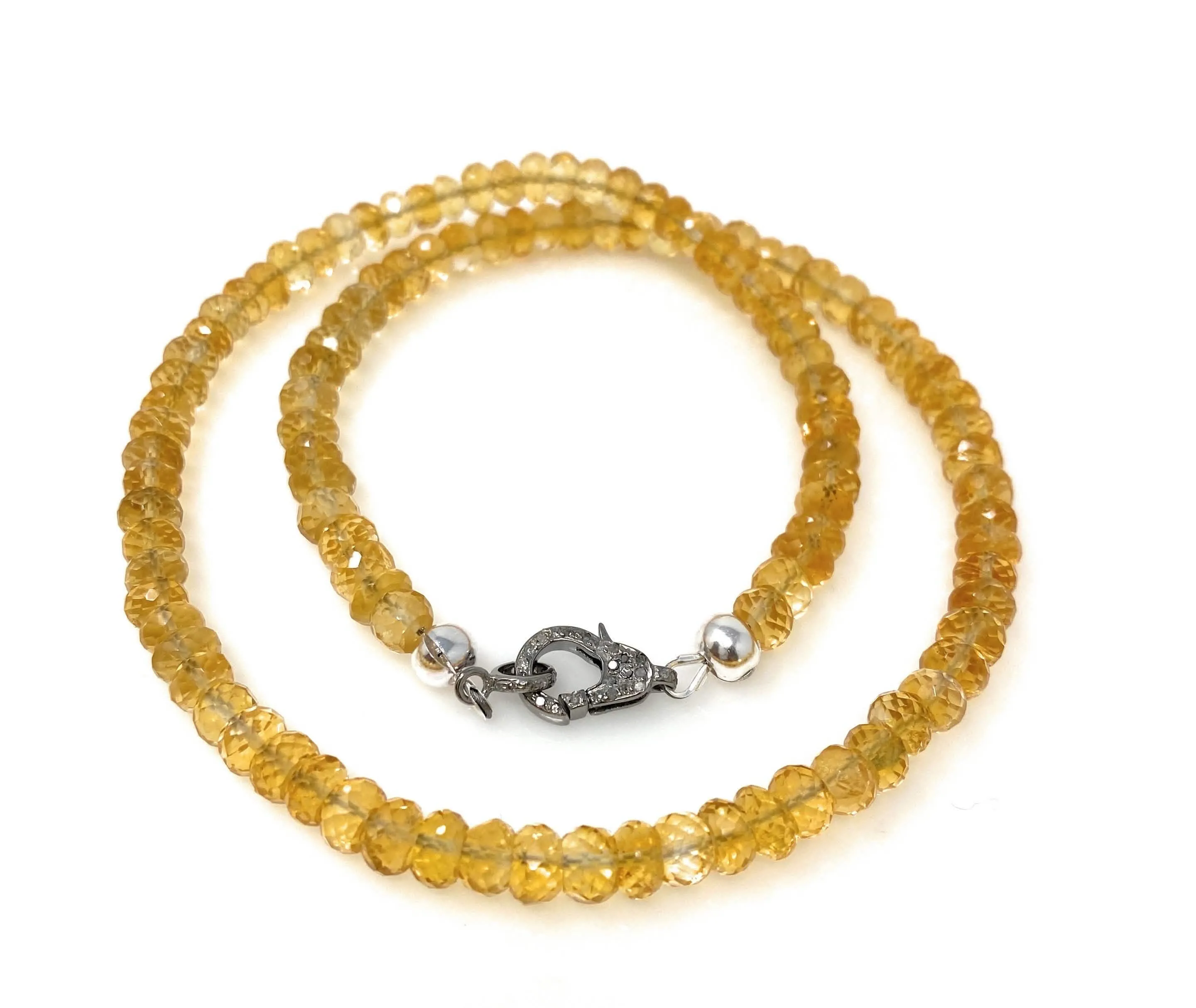 17.65” Handmade Natural Citrine Beaded Necklace with Pave Diamond Clasp