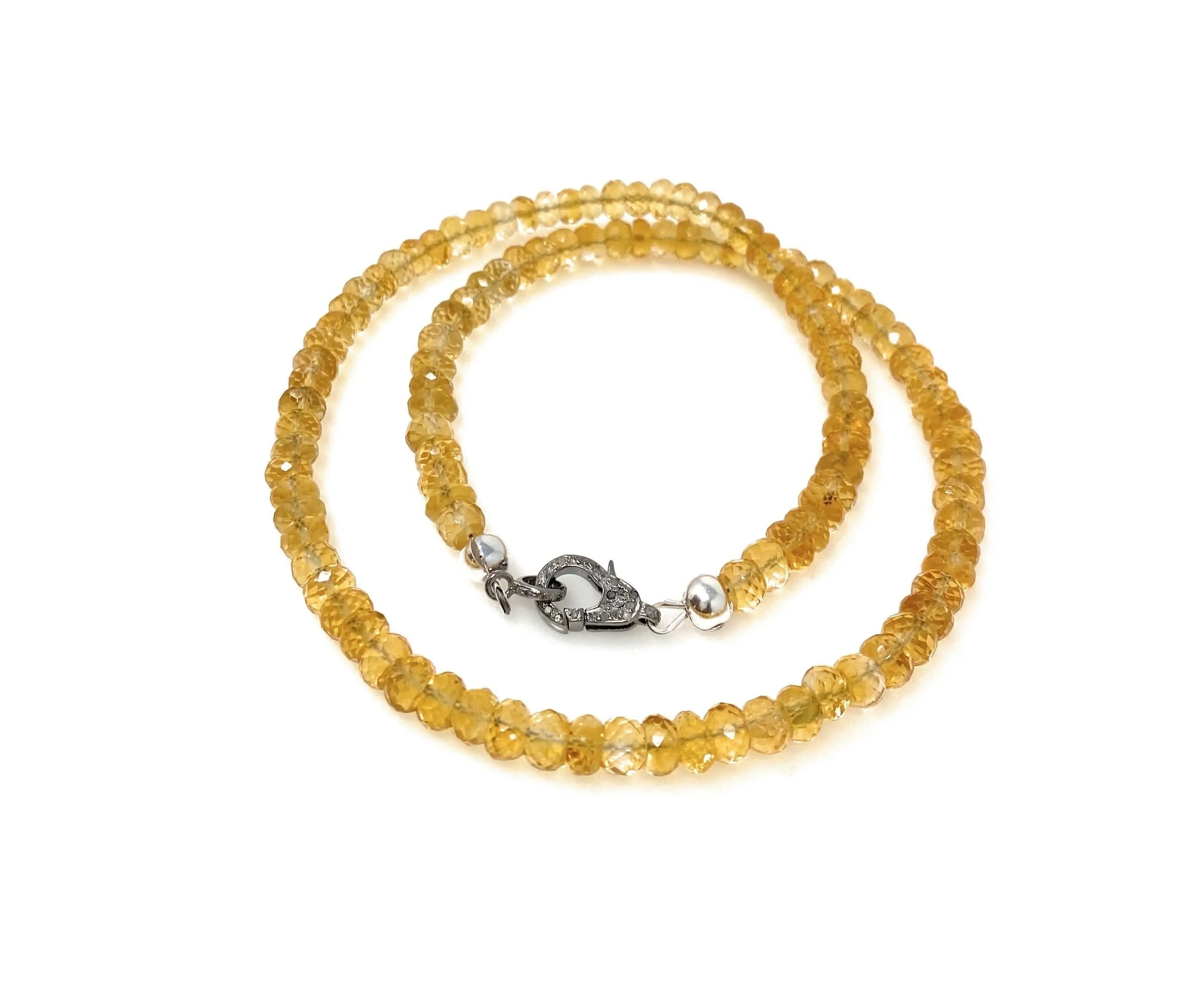 17.65” Handmade Natural Citrine Beaded Necklace with Pave Diamond Clasp