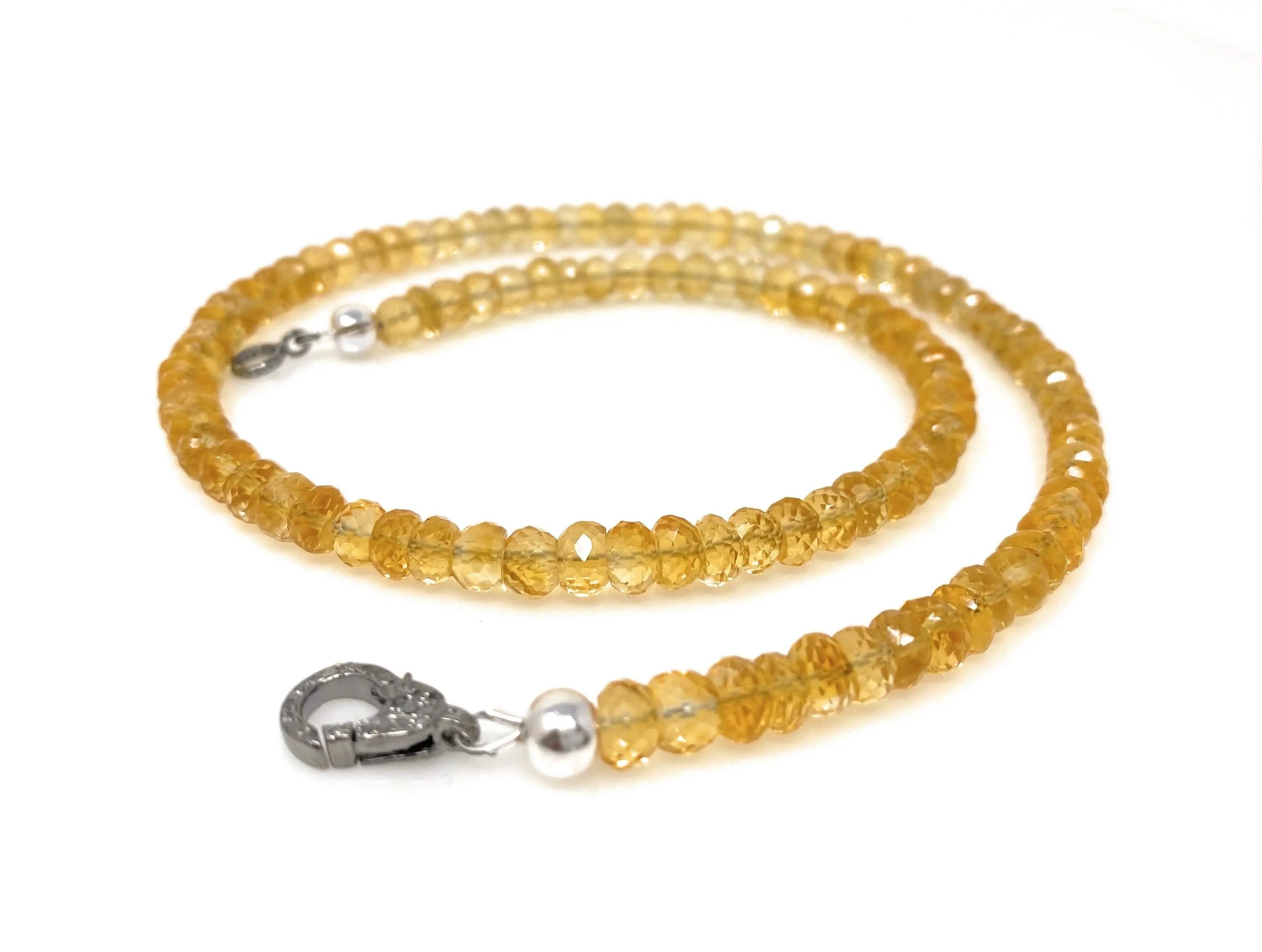 17.65” Handmade Natural Citrine Beaded Necklace with Pave Diamond Clasp