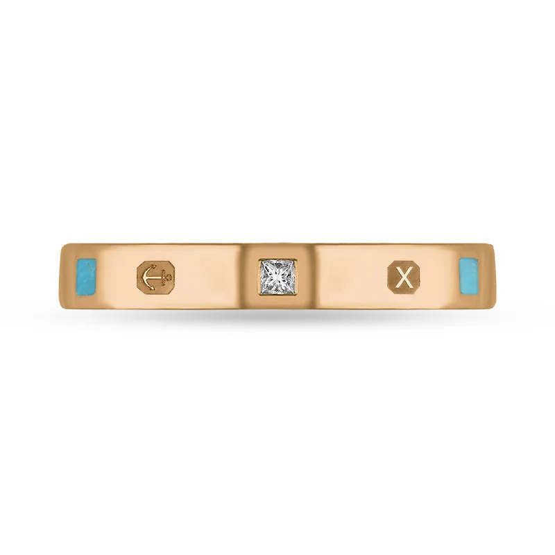 18ct Rose Gold Turquoise 0.05ct Diamond Queen's Jubilee Hallmark Princess Cut 3mm Ring