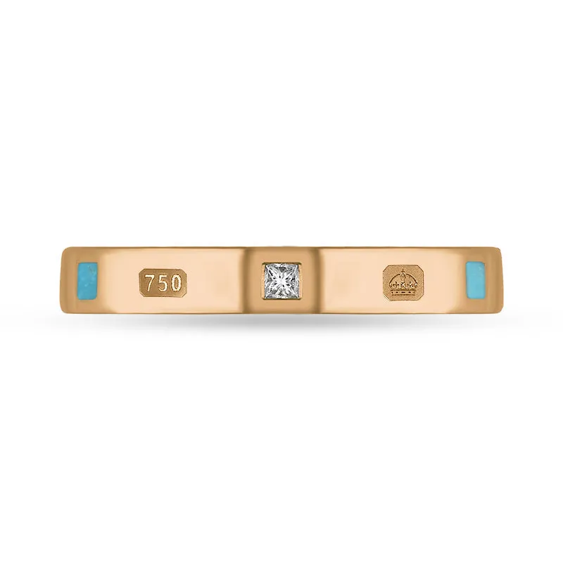 18ct Rose Gold Turquoise 0.05ct Diamond Queen's Jubilee Hallmark Princess Cut 3mm Ring