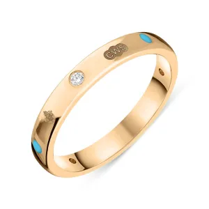 18ct Rose Gold Turquoise 0.06ct Diamond Queen's Jubilee Hallmark 3mm Ring