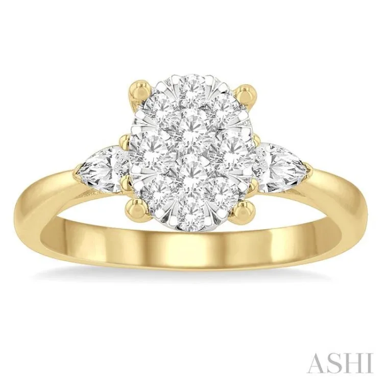 3/4 ctw Oval Shape Lovebright Pear and Round Cut Diamond Engagement Ring in 14K Yellow and White gold