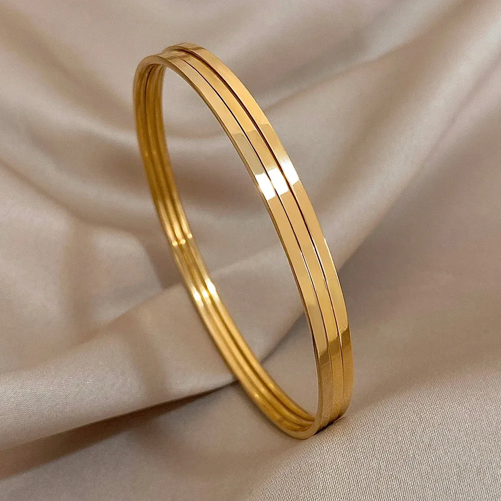 3pcs Glossy 18K Gold Plated Stainless Steel Bangle Bracelet Set