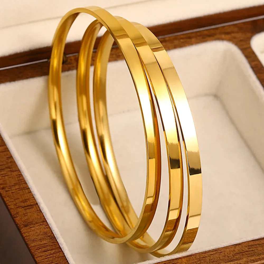 3pcs Glossy 18K Gold Plated Stainless Steel Bangle Bracelet Set