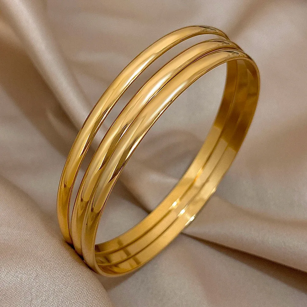 3pcs Glossy 18K Gold Plated Stainless Steel Bangle Bracelet Set