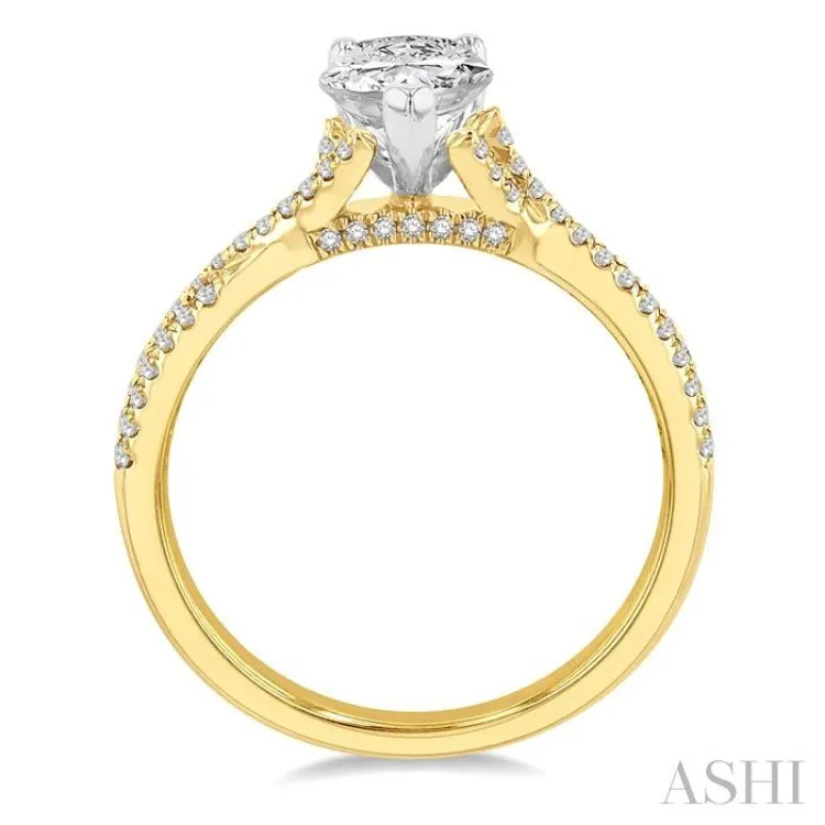 5/8 ctw Split Criss Cross Round & Pear Cut Diamond Engagement Ring With 1/3 ctw Pear Cut Center Stone in 14K Yellow and White Gold