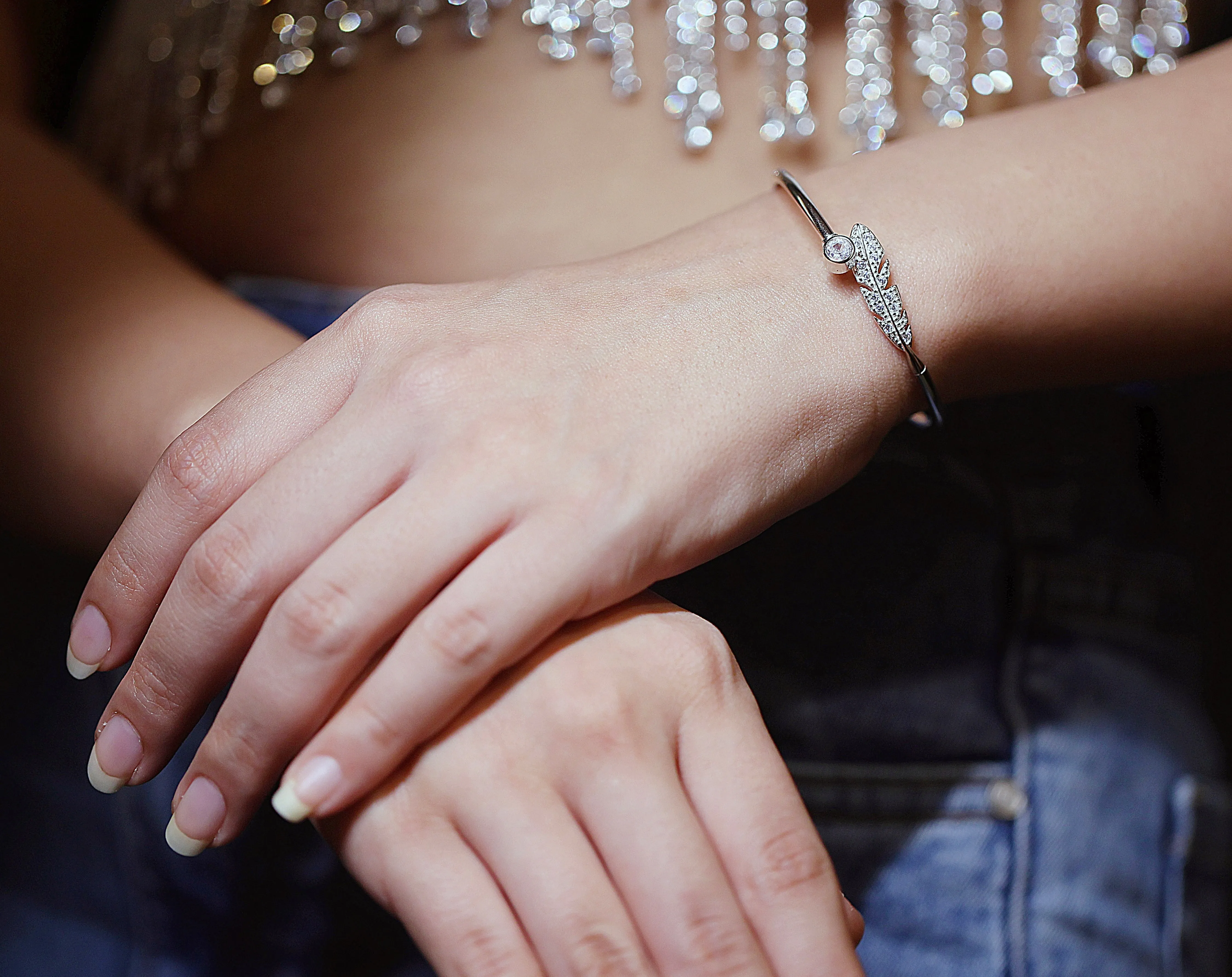 92.5 Silver Feather silver open bangle bracelet