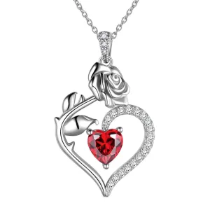 925 Sterling Silver Birthstone Necklace for Women Rose Flower Heart Pendant Necklace