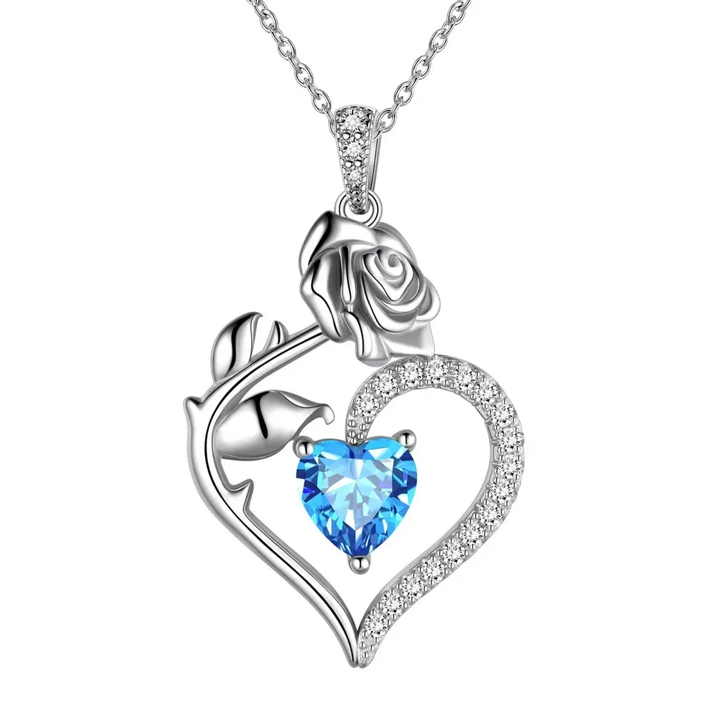 925 Sterling Silver Birthstone Necklace for Women Rose Flower Heart Pendant Necklace