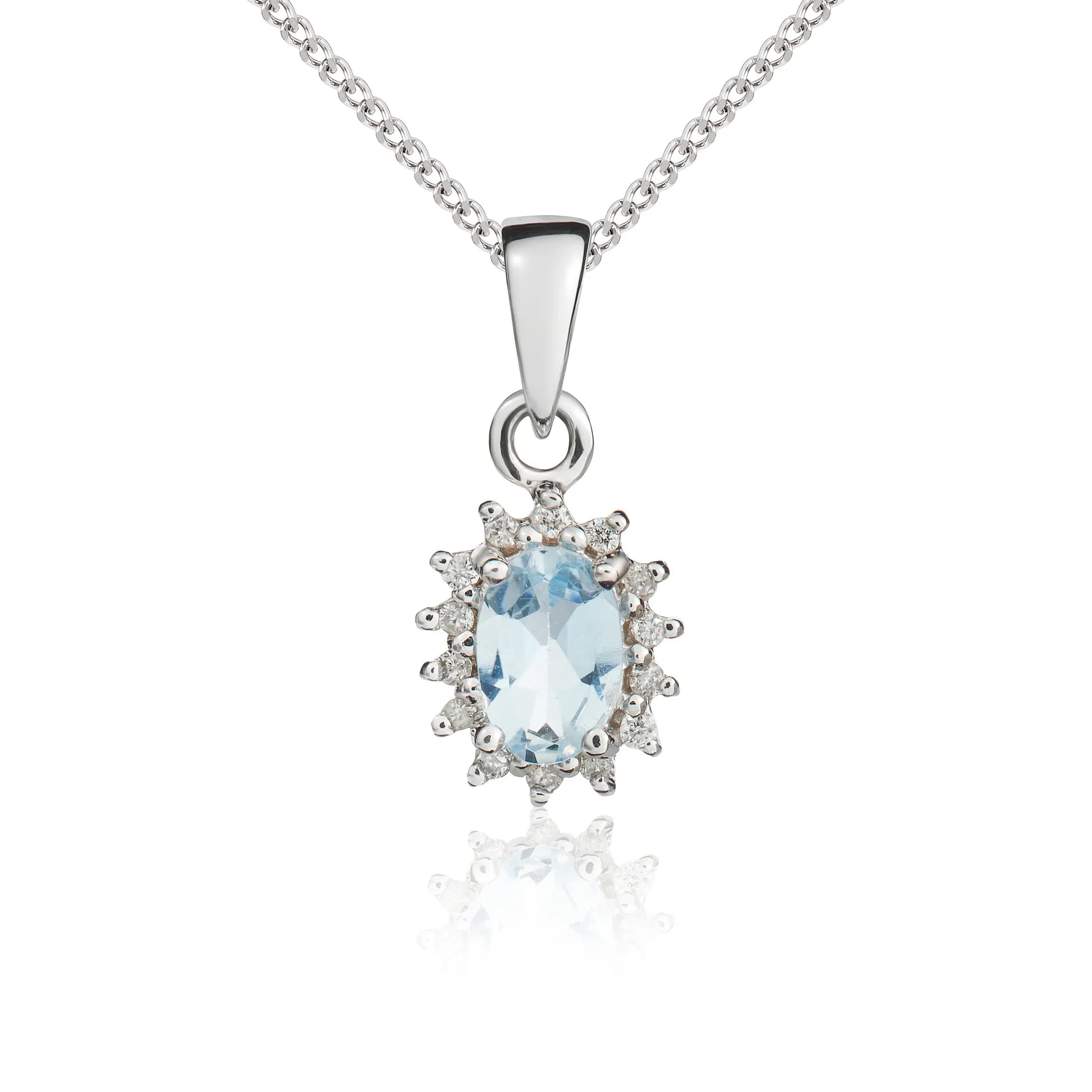 9K White Gold Oval Aquamarine & Diamond Halo Pendant